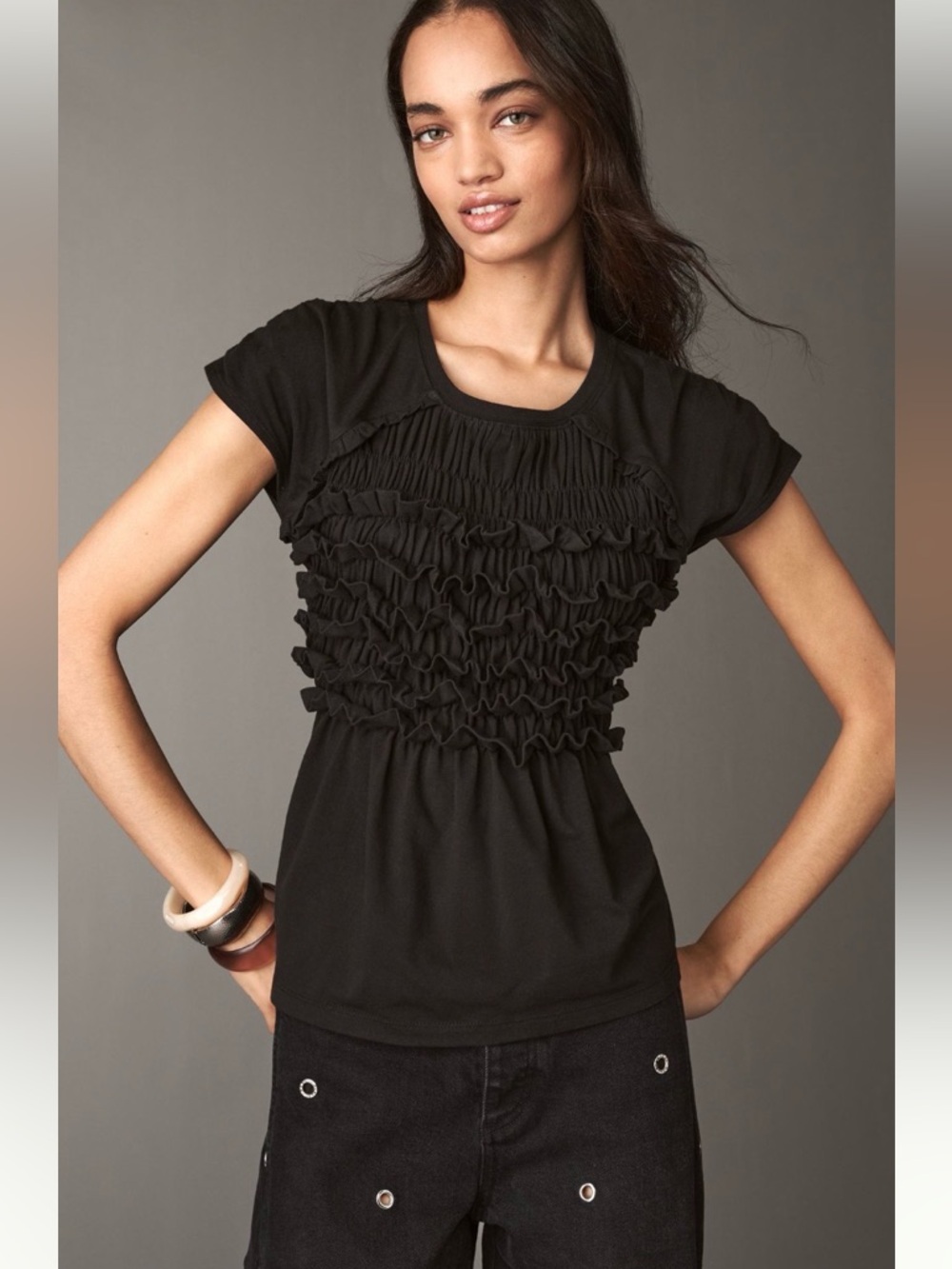 Anthropologie Coquette Maeve Smocked Ruffle Top NWT M Black Tee Whimsygoth Fall
